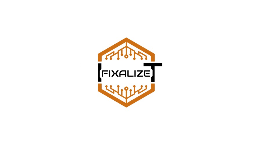 A hexagonal logo with circuit-like patterns features the word "FIXALIZE" in the center, with the letter "T" stylized as a tool. The design is in orange and black on a white background.